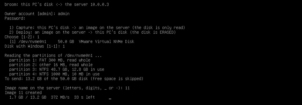 Broom Capture on a client: owner sign-in, disk and partitions read, upload under way