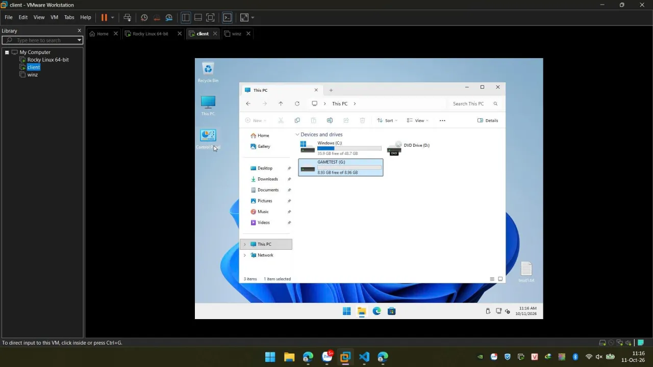 Máy trạm Windows 11 boot qua mạng bằng Broom, có ổ game G: dùng chung