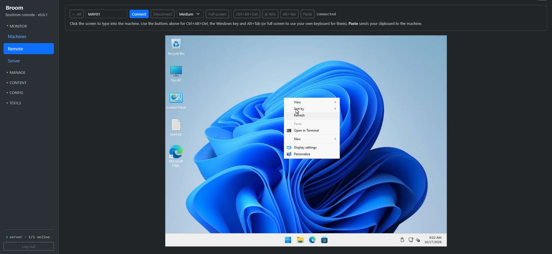 Broom's Remote page: controlling a Windows 11 client in the browser