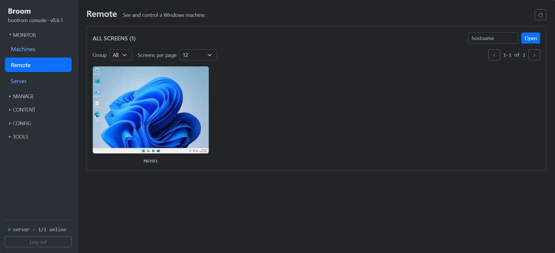 Broom's Remote page: a grid of client screens, filtered by group, in pages